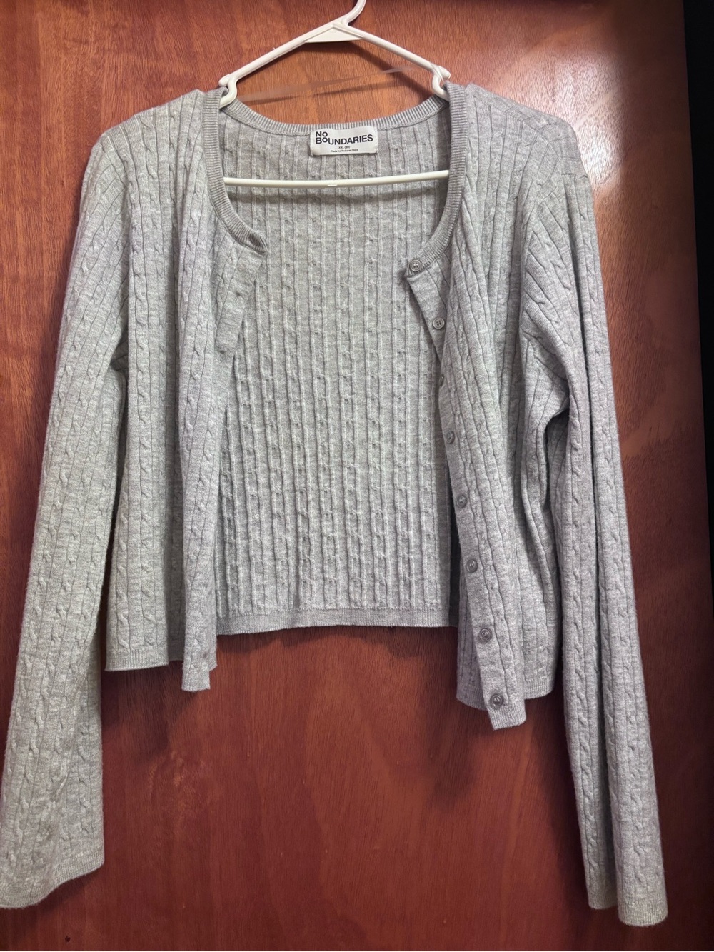 No Boundaries Light Gray Ribbed Cable Button-Front Cardigan